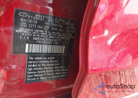 2017 Hyundai Elantra Sport z USA, uszkodzony, nr VIN KMHD04LB0HU338777